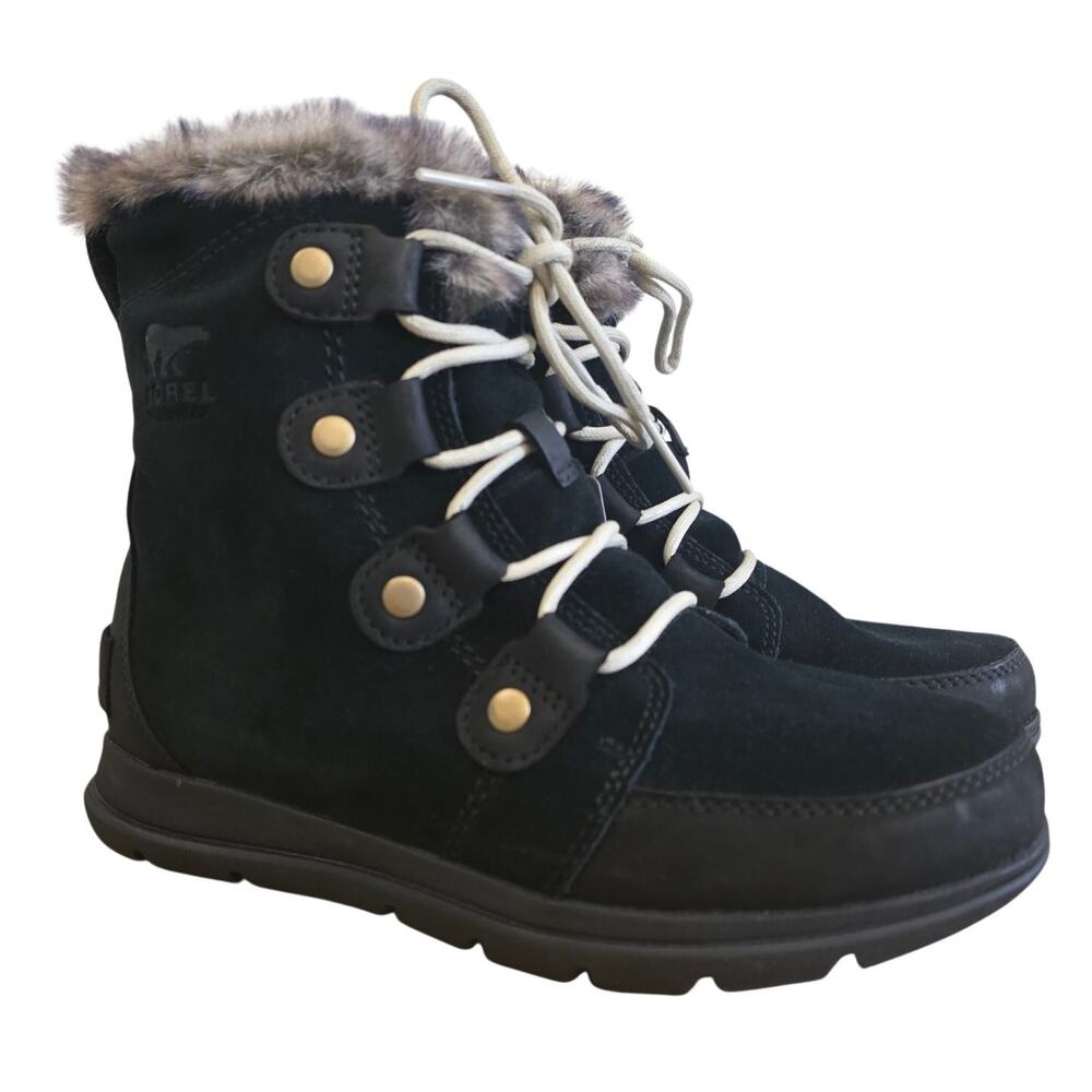 SOREL Explorer Joan Black Suede Waterproof Winter Boots Faux Fur Women Size 6.5